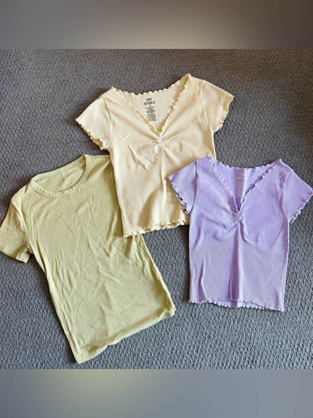 Pink Republic Ribbed Lettuce-Edge V-Neck Top - Cream, Lavender, Light Yellow